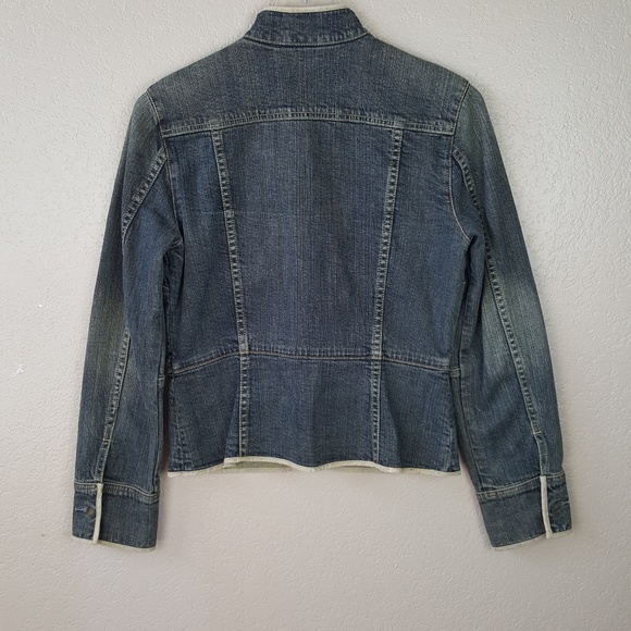 Vintage Gap Stretch Dip Dye Dark Denim Floral Trim Boho Mock Neck Jacket Coat S - Picture 4 of 8